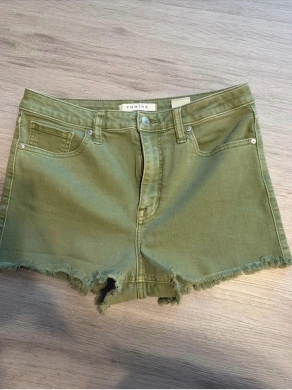 eunina Olive Green Frayed Hem Denim Shorts